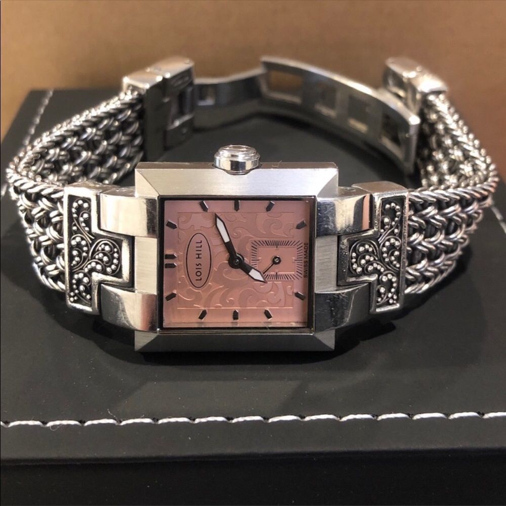 Lois Hill Sterling Silver Pink Scroll Filigree Thai Flat Weave Bracelet Watch